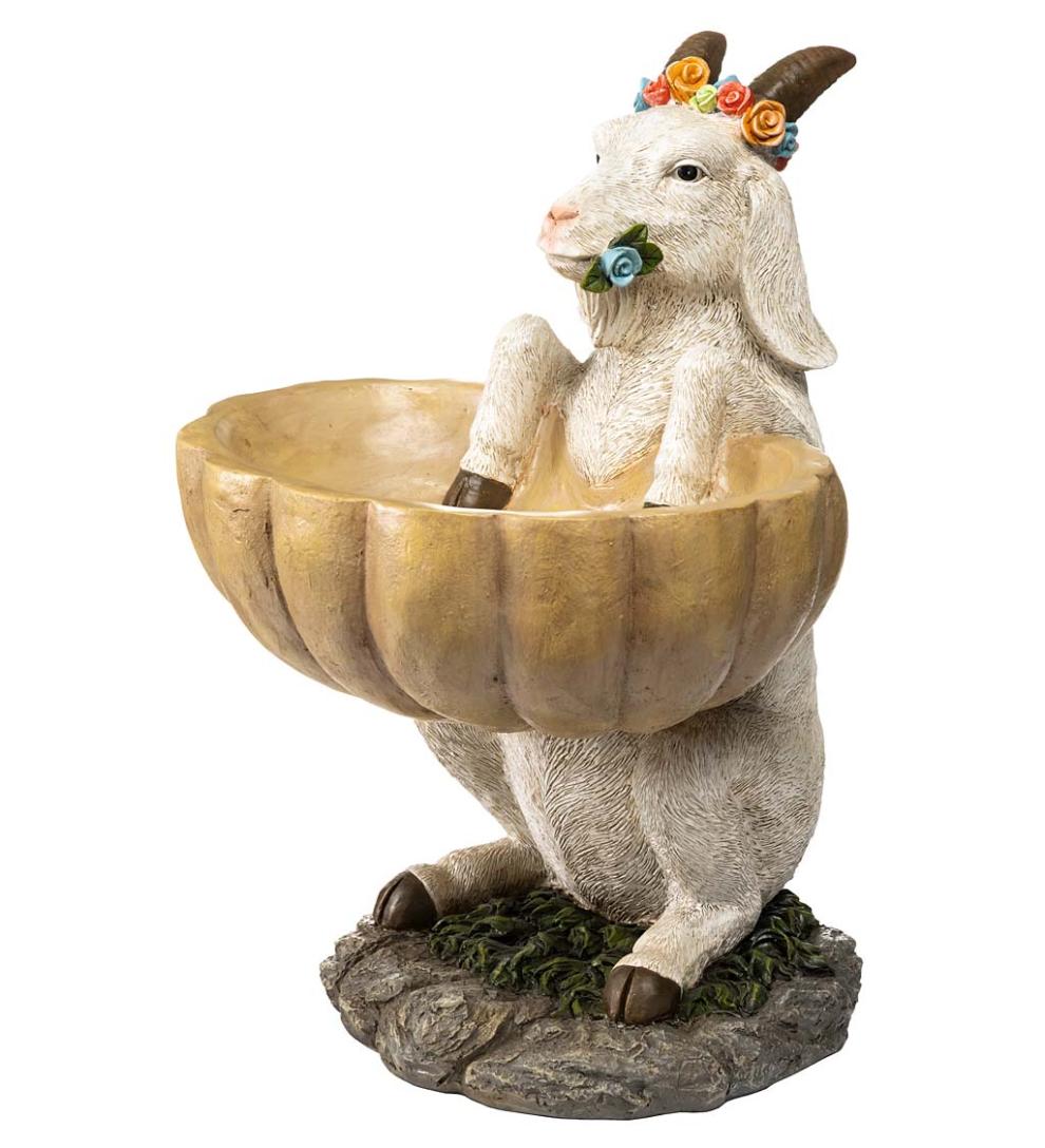 Plow & Hearth Birdbaths Yard & Garden Goat With Floral Crown Carved Birdbath