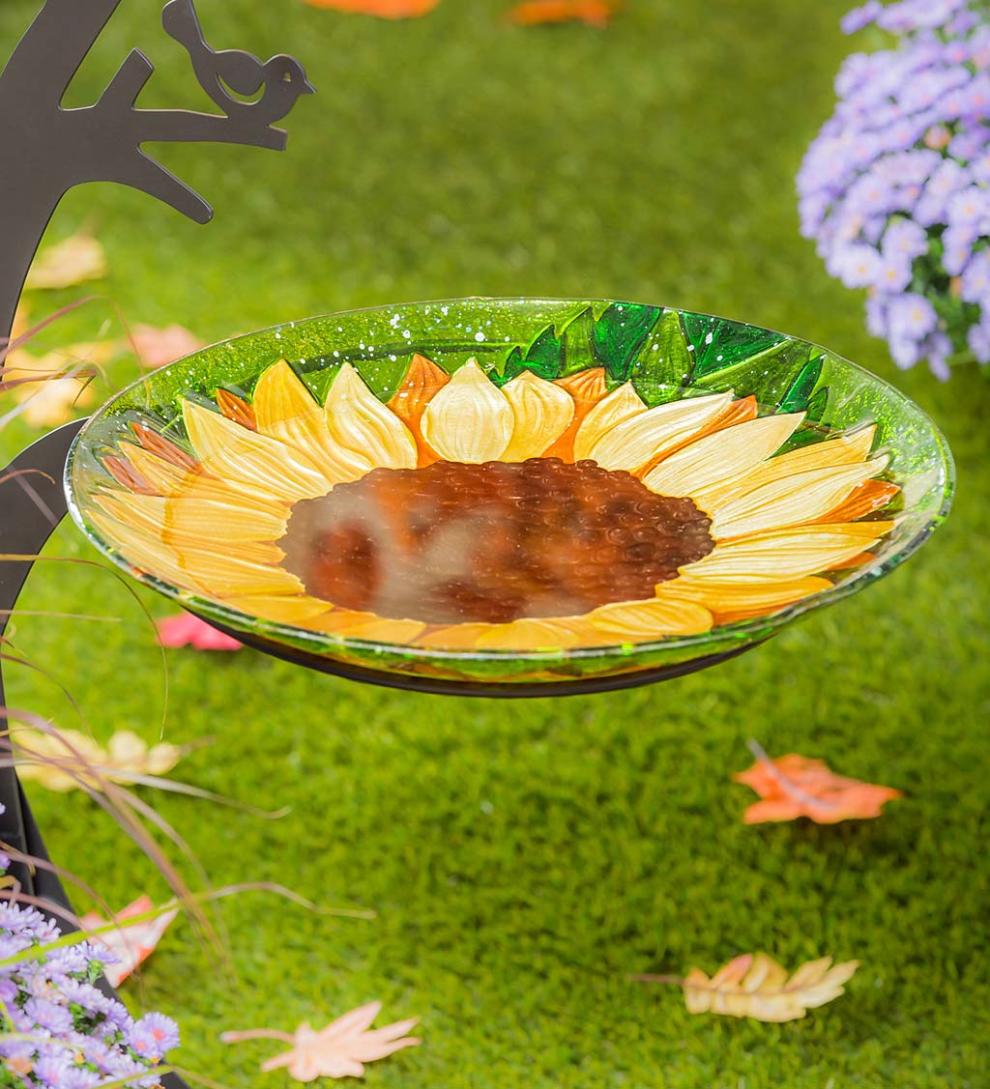 Plow & Hearth Birdbaths Yard & Garden Hand-Painted Fall Sunflower Embossed Glass Bird Bath