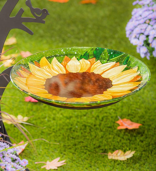 Plow & Hearth Birdbaths Yard & Garden Hand-Painted Fall Sunflower Embossed Glass Bird Bath