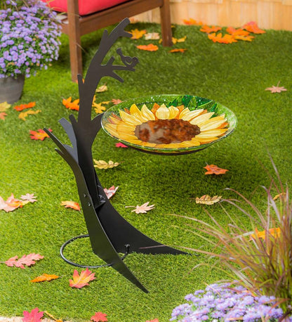 Plow & Hearth Birdbaths Yard & Garden Hand-Painted Fall Sunflower Embossed Glass Bird Bath