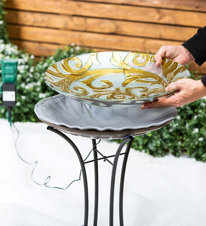 Plow & Hearth Birdbaths Yard & Garden Hand-Painted Golden Scroll Glass Bird Bath With Heater And Stand