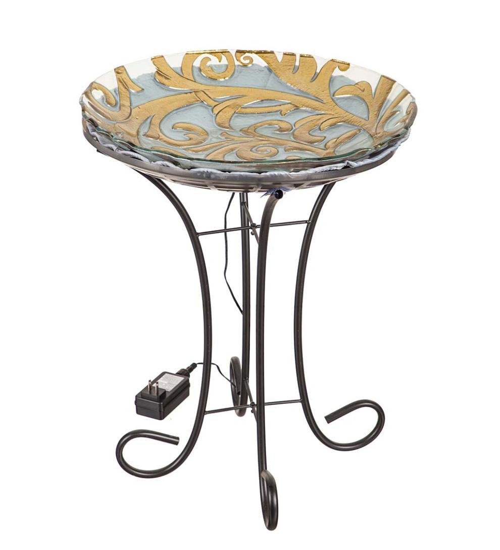 Plow & Hearth Birdbaths Yard & Garden Hand-Painted Golden Scroll Glass Bird Bath With Heater And Stand