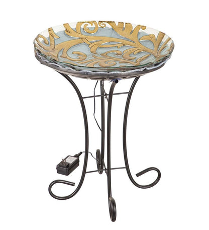 Plow & Hearth Birdbaths Yard & Garden Hand-Painted Golden Scroll Glass Bird Bath With Heater And Stand