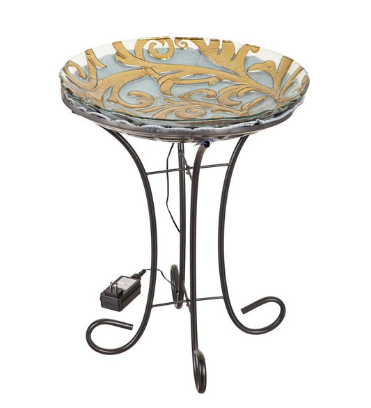 Plow & Hearth Birdbaths Yard & Garden Hand-Painted Golden Scroll Glass Bird Bath With Heater And Stand