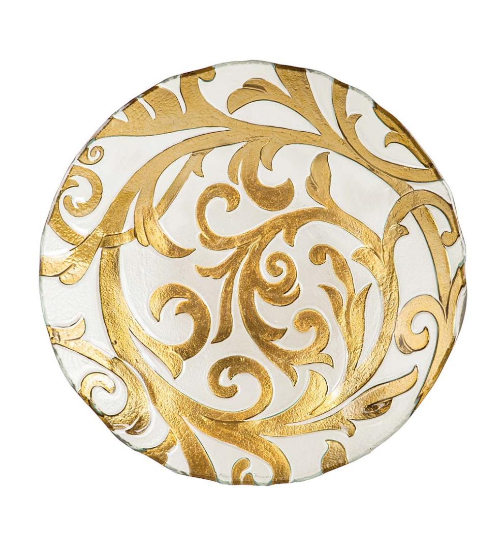 Plow & Hearth Birdbaths Yard & Garden Hand-Painted Golden Scroll Glass Bird Bath With Heater And Stand