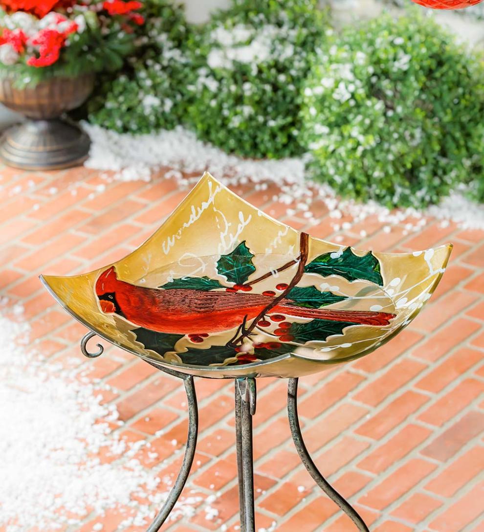 Plow & Hearth Birdbaths Yard & Garden Hand-Painted Holiday Cardinal Embossed Square Glass Bird Bath