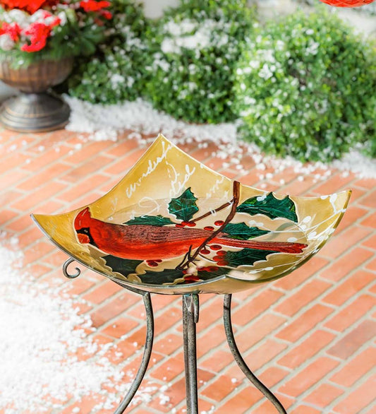 Plow & Hearth Birdbaths Yard & Garden Hand-Painted Holiday Cardinal Embossed Square Glass Bird Bath