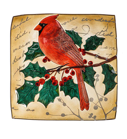 Plow & Hearth Birdbaths Yard & Garden Hand-Painted Holiday Cardinal Embossed Square Glass Bird Bath