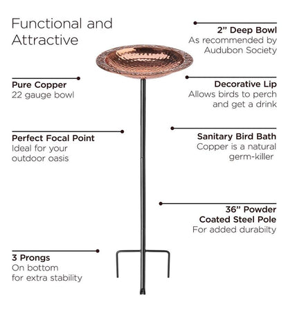 Plow & Hearth Birdbaths Yard & Garden Pure Copper Birdbath On Powder-Coated Steel Pole With Sturdy Three-Prong Stake