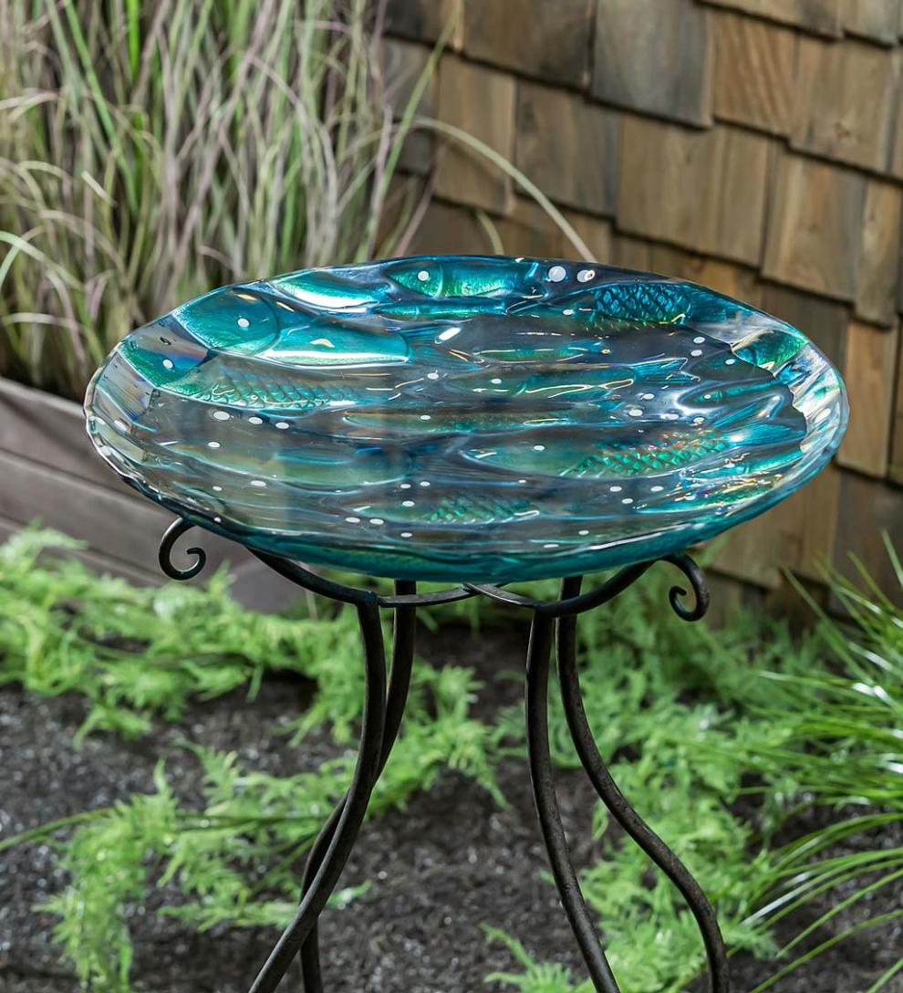 Plow & Hearth Birdbaths Yard & Garden Shimmering School Of Fish Glass Birdbath Basin