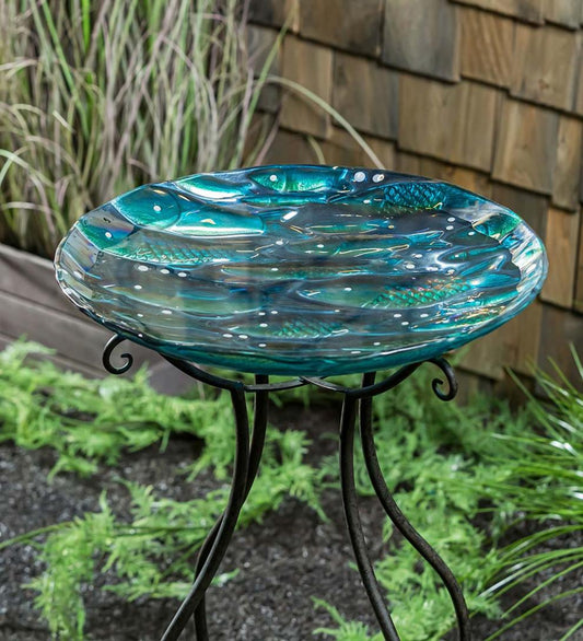 Plow & Hearth Birdbaths Yard & Garden Shimmering School Of Fish Glass Birdbath Basin