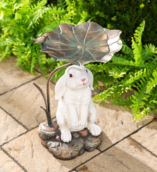 Plow & Hearth Birdbaths Yard & Garden Stone-Look Bunny Birdbath With Metal Leaf Basin