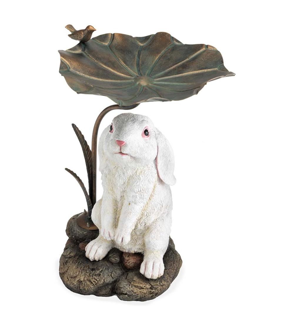 Plow & Hearth Birdbaths Yard & Garden Stone-Look Bunny Birdbath With Metal Leaf Basin