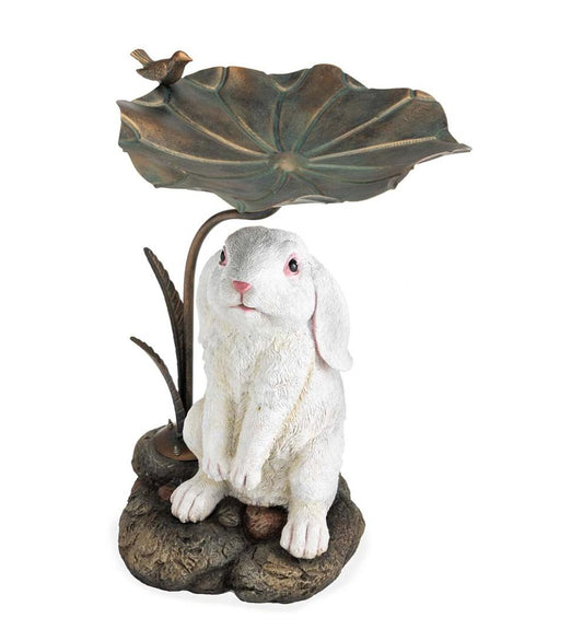 Plow & Hearth Birdbaths Yard & Garden Stone-Look Bunny Birdbath With Metal Leaf Basin