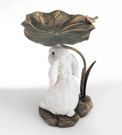 Plow & Hearth Birdbaths Yard & Garden Stone-Look Bunny Birdbath With Metal Leaf Basin