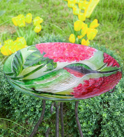 Plow & Hearth Birdbaths Yard & Garden Textured Glass Hummingbirds And Red Hydrangea Birdbath Basin