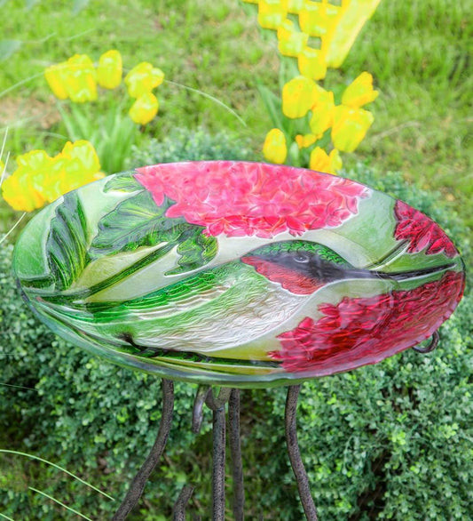 Plow & Hearth Birdbaths Yard & Garden Textured Glass Hummingbirds And Red Hydrangea Birdbath Basin