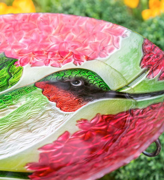 Plow & Hearth Birdbaths Yard & Garden Textured Glass Hummingbirds And Red Hydrangea Birdbath Basin