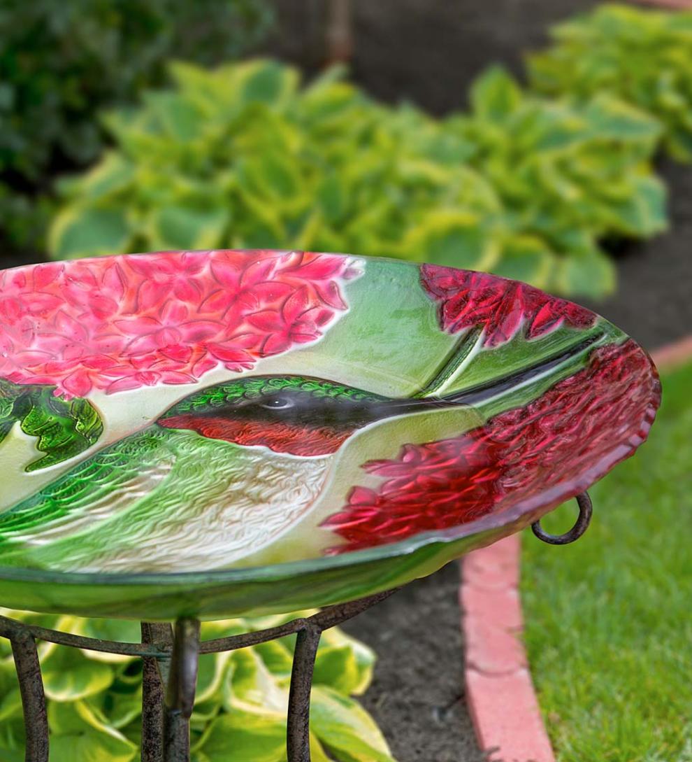 Plow & Hearth Birdbaths Yard & Garden Textured Glass Hummingbirds And Red Hydrangea Birdbath Basin