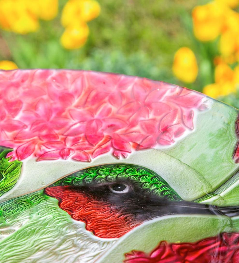 Plow & Hearth Birdbaths Yard & Garden Textured Glass Hummingbirds And Red Hydrangea Birdbath Basin