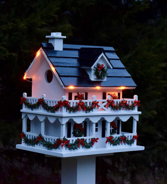 Plow & Hearth Birdhouses Yard & Garden Lighted Holiday Colonial Cottage Birdhouse And Pedestal Pole Set