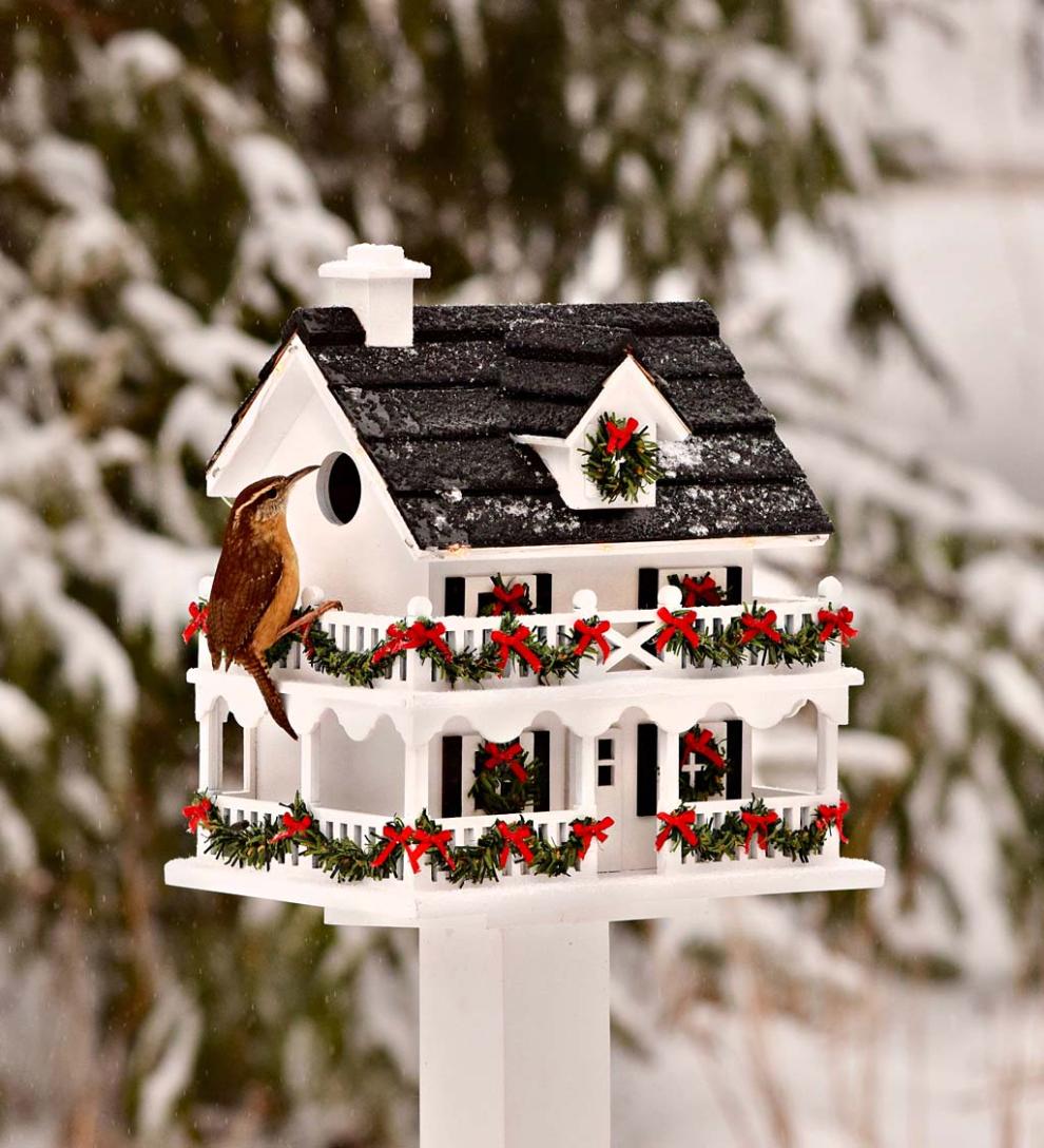 Plow & Hearth Birdhouses Yard & Garden Lighted Holiday Colonial Cottage Birdhouse And Pedestal Pole Set