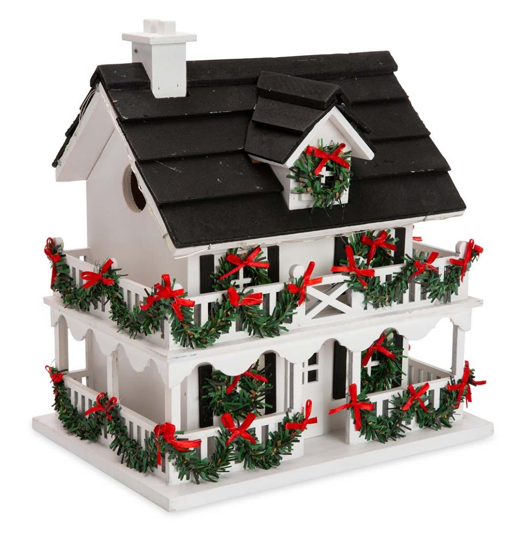 Plow & Hearth Birdhouses Yard & Garden Lighted Holiday Colonial Cottage Birdhouse And Pedestal Pole Set