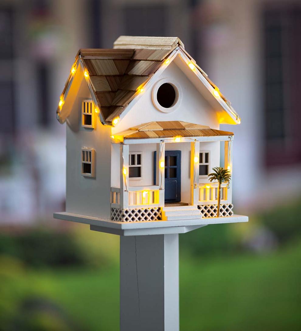 Plow & Hearth Birdhouses Yard & Garden Paradise Palms Lighted Beach Cottage Birdhouse - White