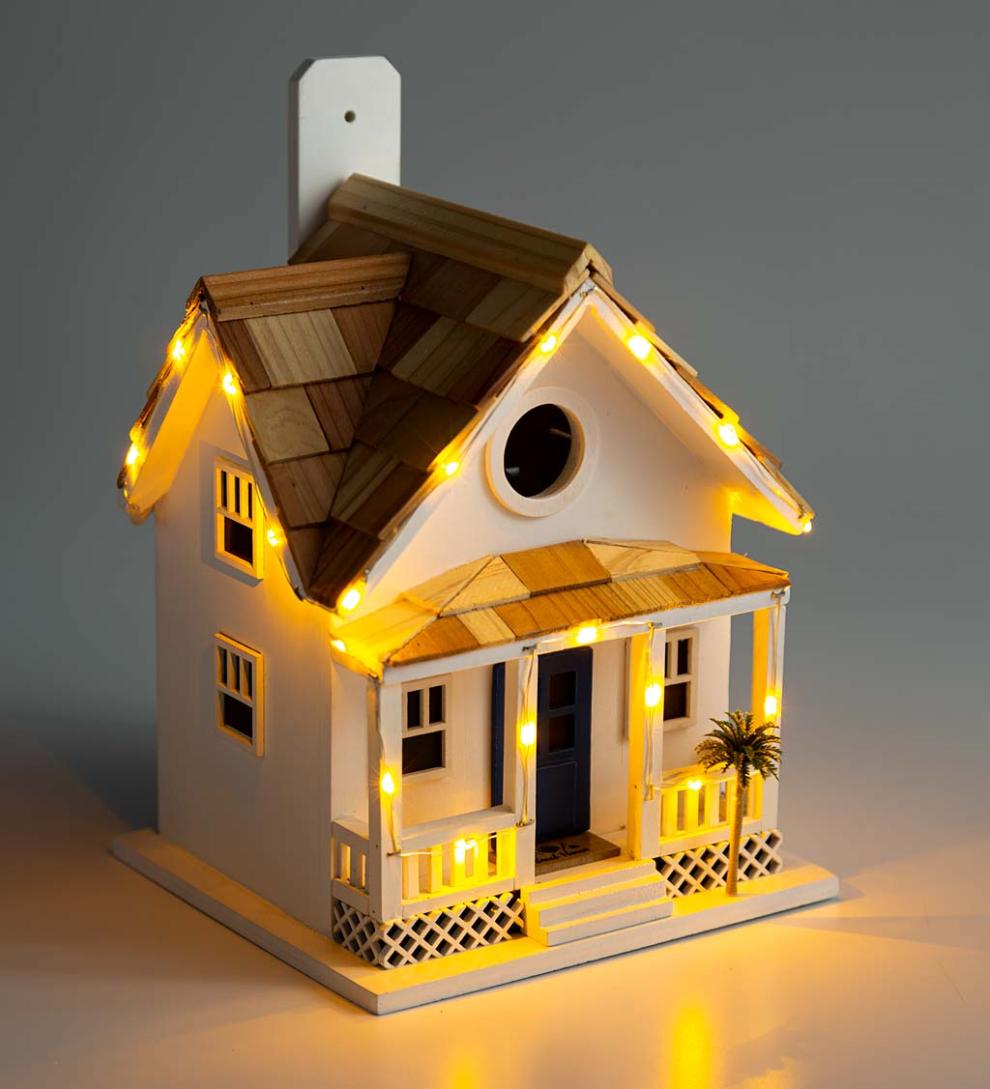 Plow & Hearth Birdhouses Yard & Garden Paradise Palms Lighted Beach Cottage Birdhouse - White