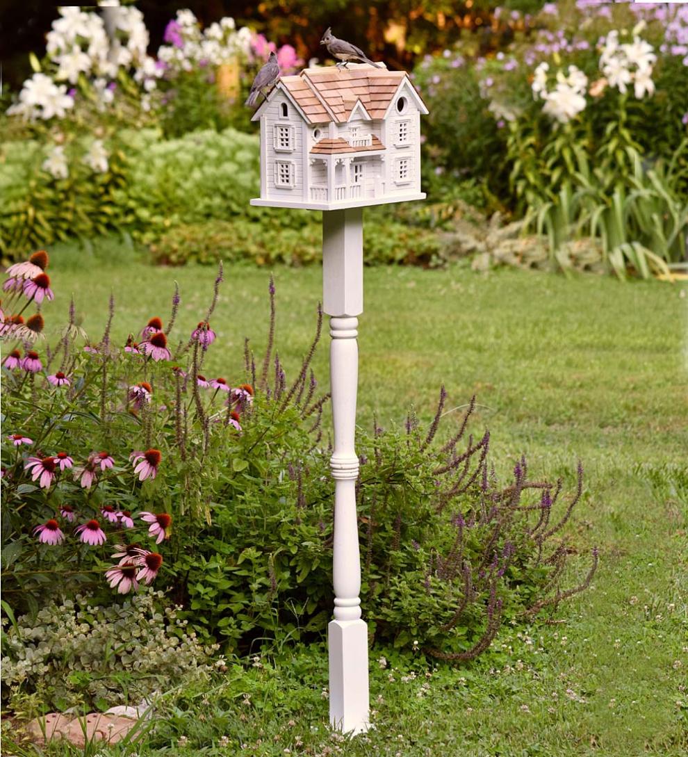 Plow & Hearth Birdhouses Yard & Garden Turned Wood Pedestal Pole For Birdhouse/Feeder With Ground Auger - White
