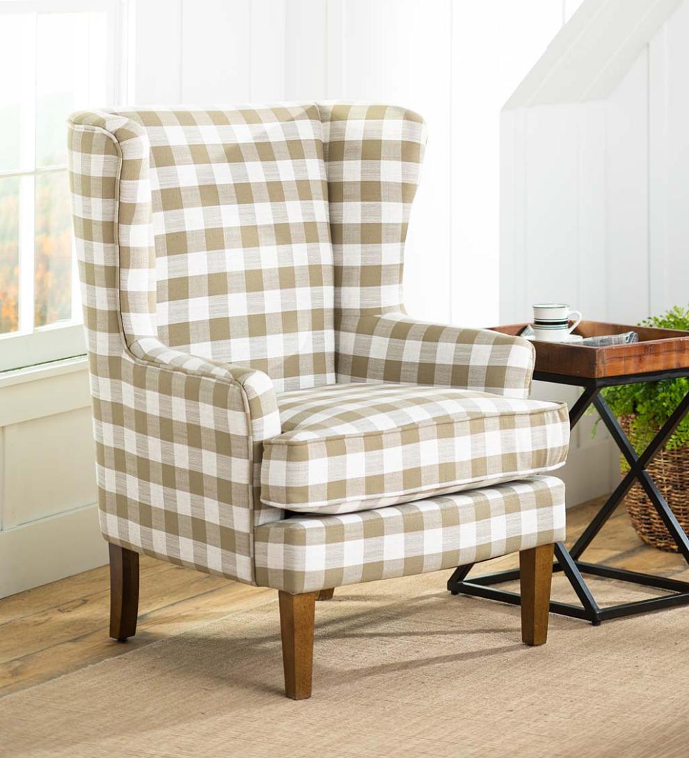 Plow & Hearth Chairs & Rockers Indoor Living Buffalo Plaid Upholstered Wingback Chair - Natural