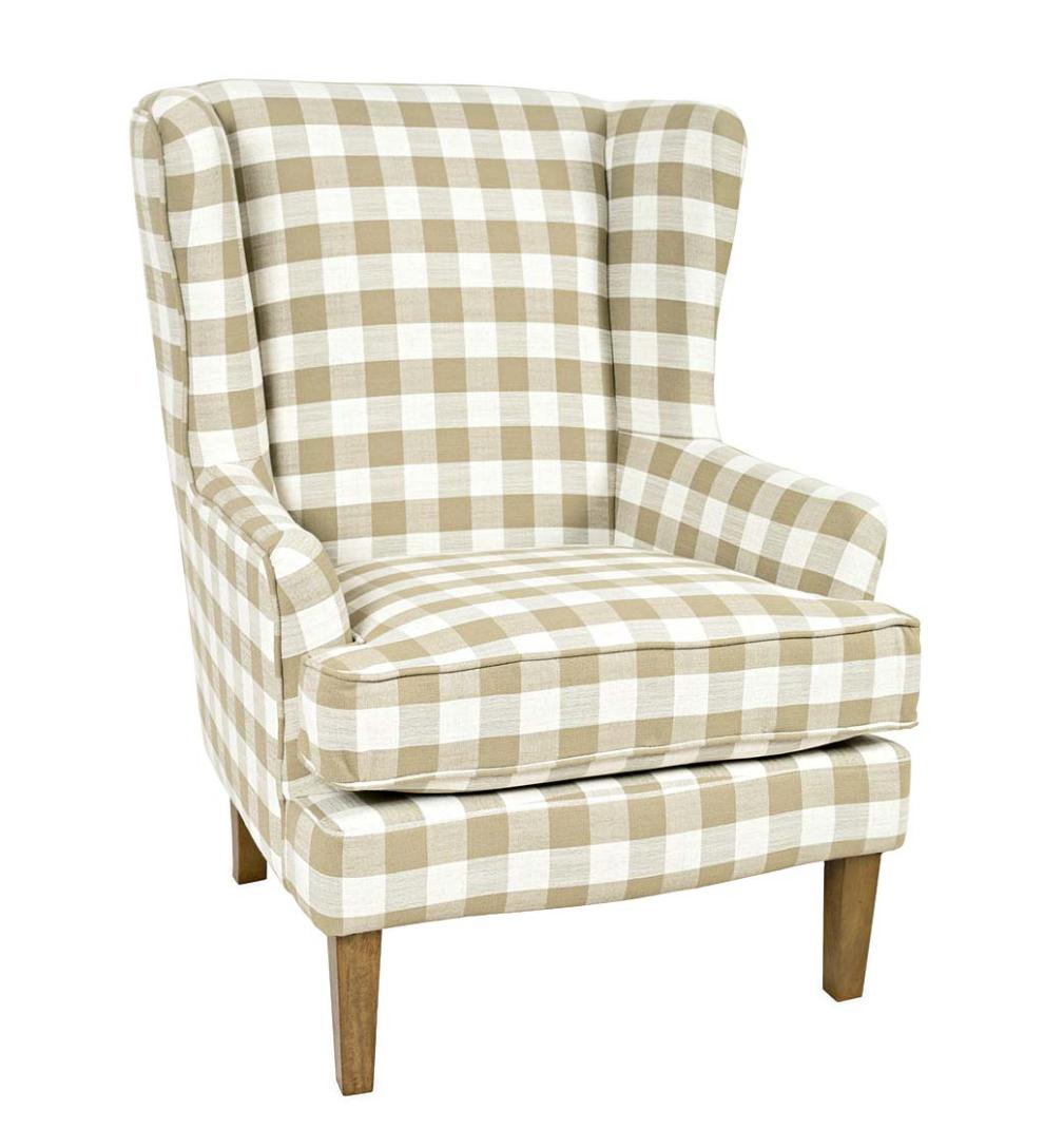 Plow & Hearth Chairs & Rockers Indoor Living Buffalo Plaid Upholstered Wingback Chair - Natural