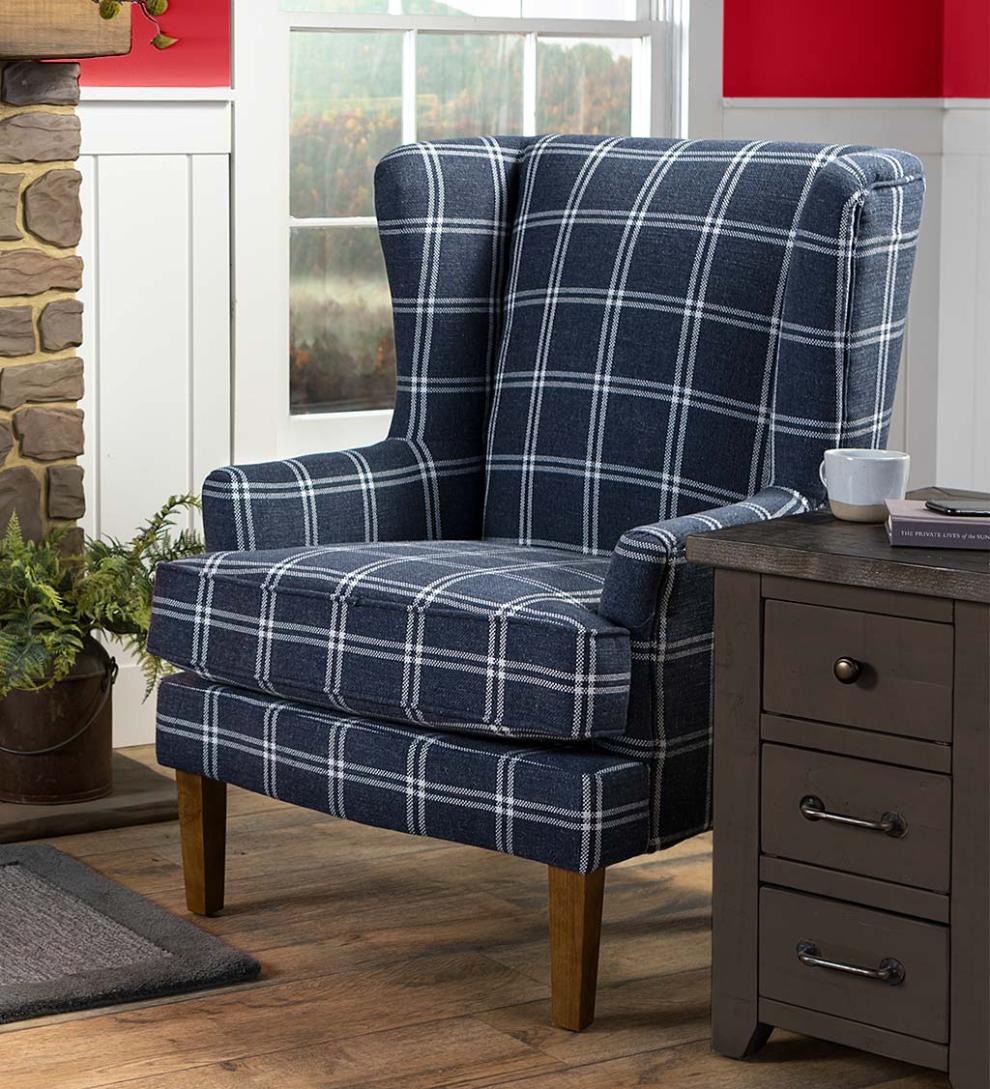 Plow & Hearth Chairs & Rockers Indoor Living Plaid Upholstered Wingback Accent Chair - Graphite