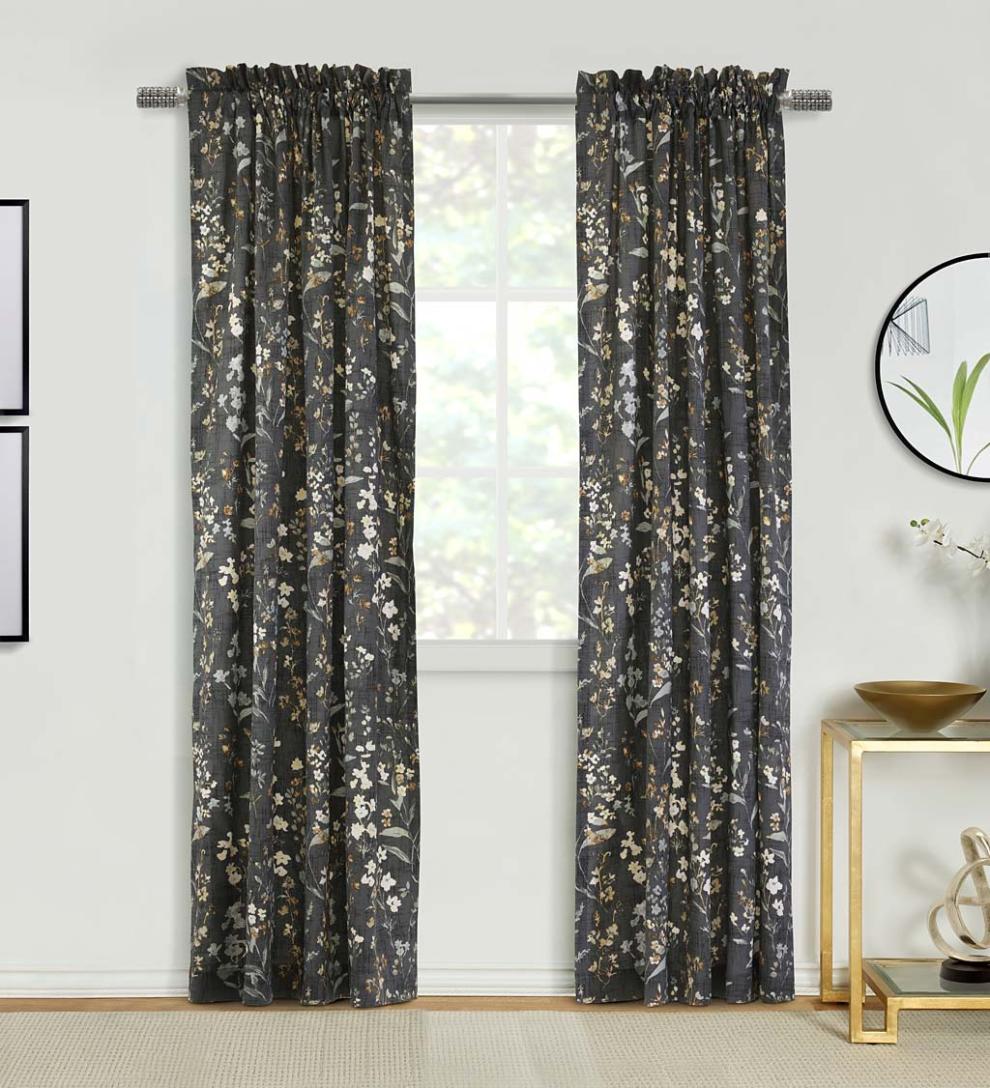 Plow & Hearth Curtain Panels Indoor Living Rockport Floral Linen-Look Curtain Pairs With Tiebacks