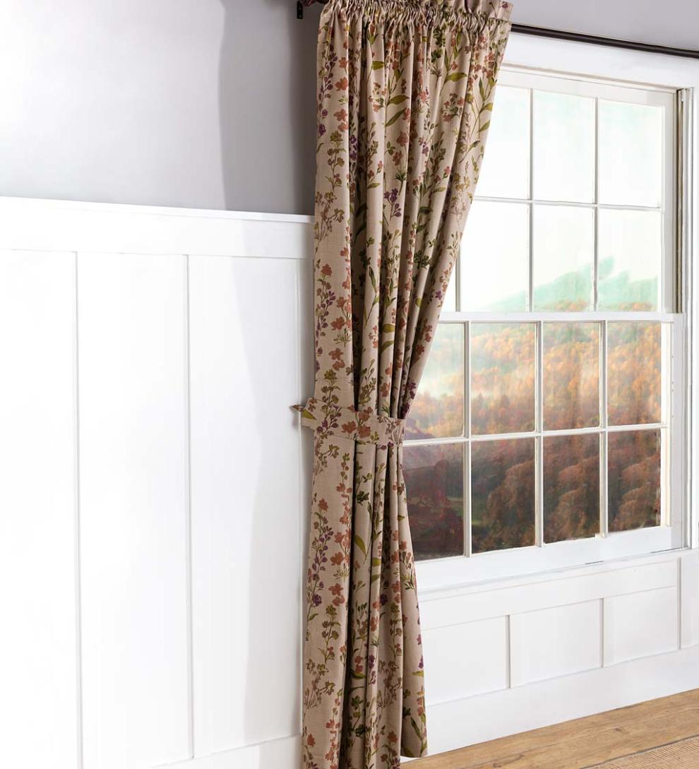 Plow & Hearth Curtain Panels Indoor Living Rockport Floral Linen-Look Curtain Pairs With Tiebacks