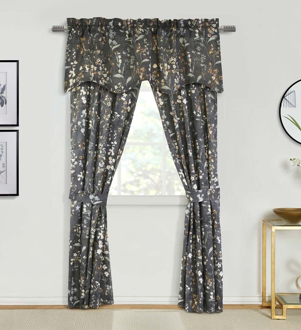 Plow & Hearth Curtain Panels Indoor Living Rockport Floral Linen-Look Curtain Pairs With Tiebacks