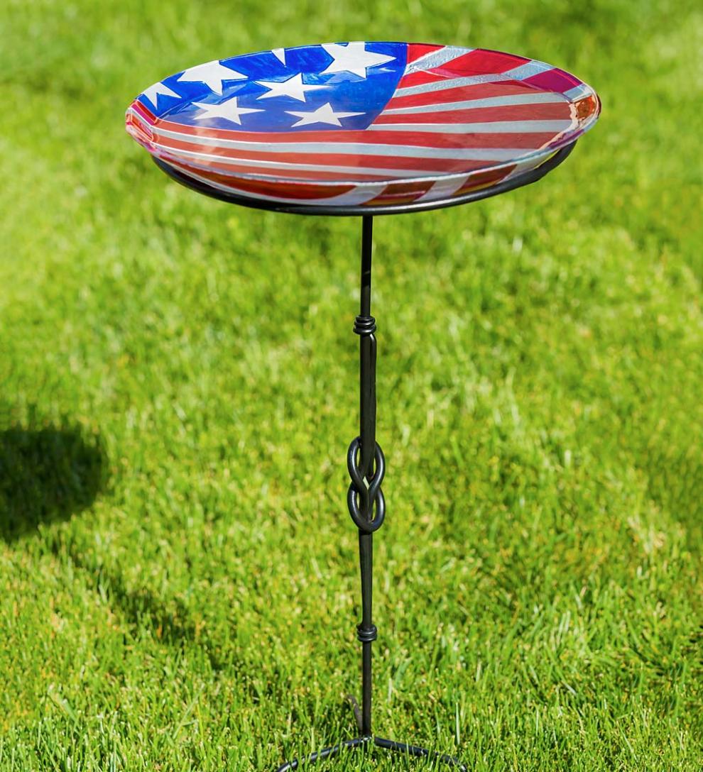 Plow & Hearth Deck & Patio Accents Outdoor Living Americana Glass Flag Birdbath Basin