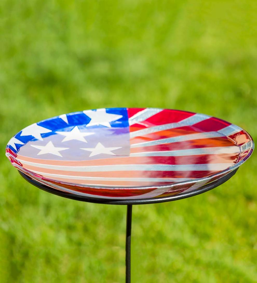 Plow & Hearth Deck & Patio Accents Outdoor Living Americana Glass Flag Birdbath Basin