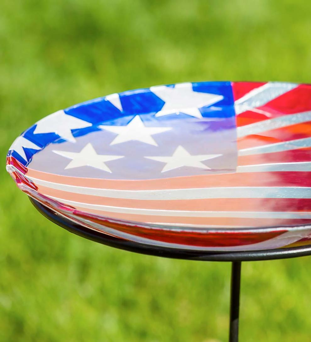 Plow & Hearth Deck & Patio Accents Outdoor Living Americana Glass Flag Birdbath Basin