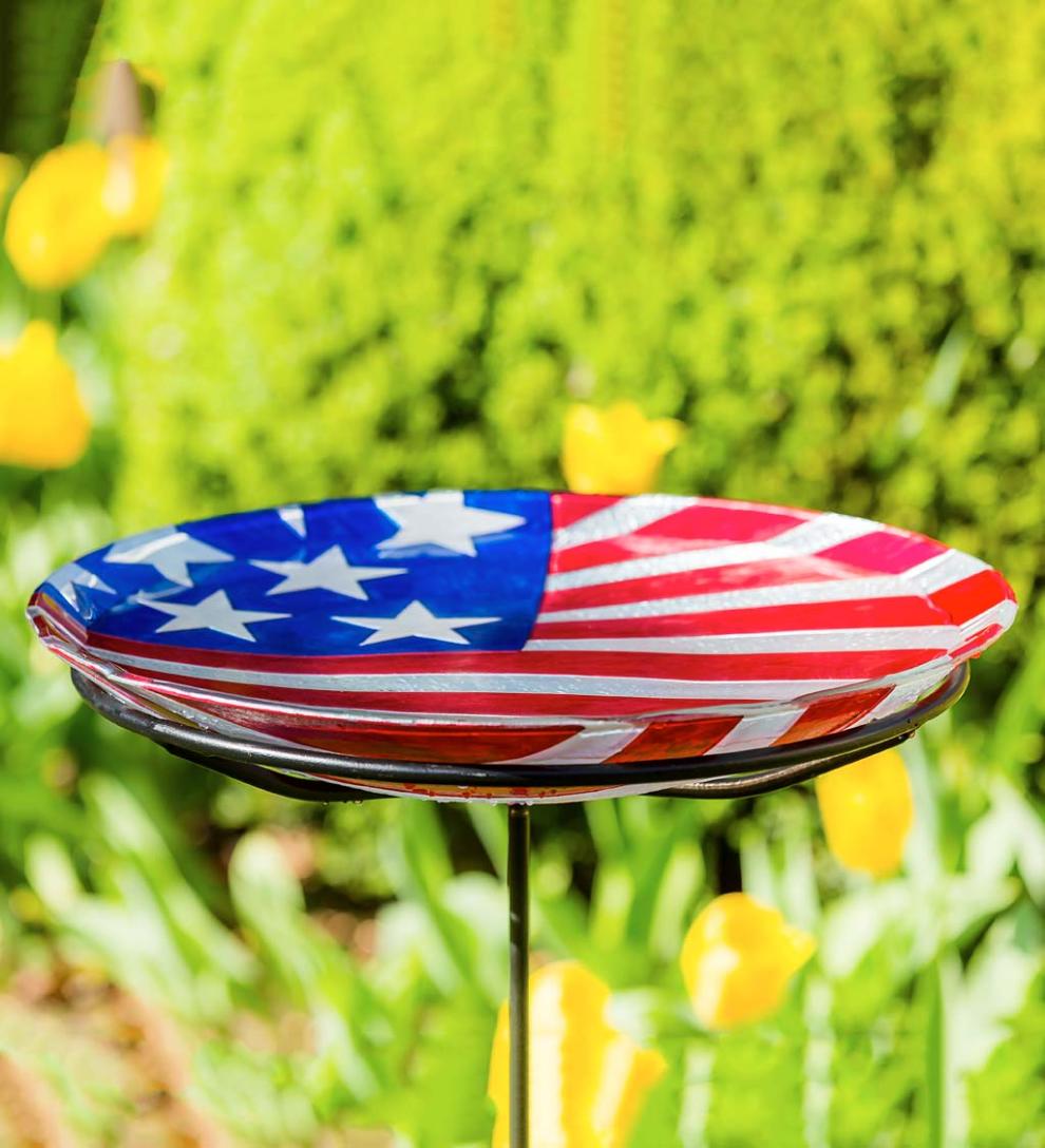 Plow & Hearth Deck & Patio Accents Outdoor Living Americana Glass Flag Birdbath Basin