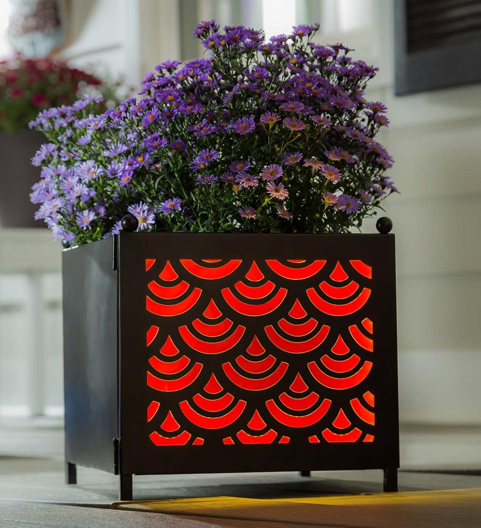 Plow & Hearth Deck & Patio Accents Outdoor Living Battery Operated Led Planter With 4 Interchangeable Laser Cut Panels