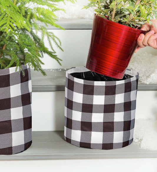 Plow & Hearth Deck & Patio Accents Outdoor Living Black And White Buffalo Check Plaid Round Fabric Planters, Set Of 3