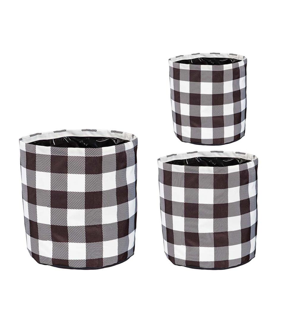 Plow & Hearth Deck & Patio Accents Outdoor Living Black And White Buffalo Check Plaid Round Fabric Planters, Set Of 3