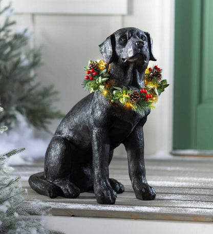 Plow & Hearth Deck & Patio Accents Outdoor Living Black Labrador Statue With Removable Lighted Holiday Wreath