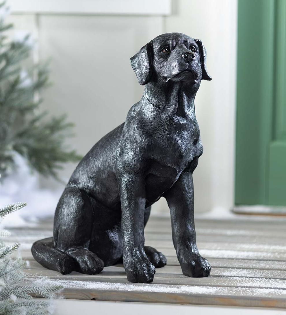 Plow & Hearth Deck & Patio Accents Outdoor Living Black Labrador Statue With Removable Lighted Holiday Wreath