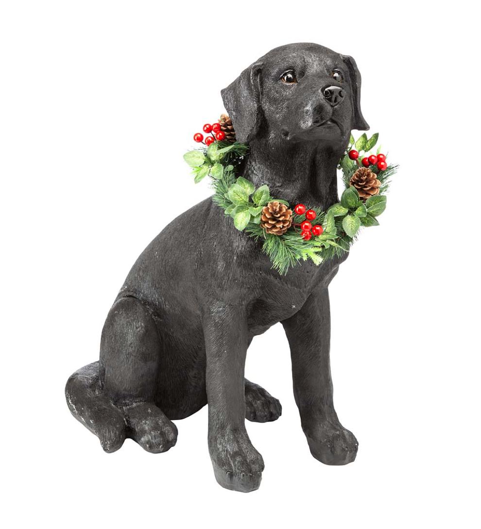 Plow & Hearth Deck & Patio Accents Outdoor Living Black Labrador Statue With Removable Lighted Holiday Wreath