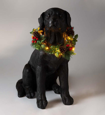 Plow & Hearth Deck & Patio Accents Outdoor Living Black Labrador Statue With Removable Lighted Holiday Wreath