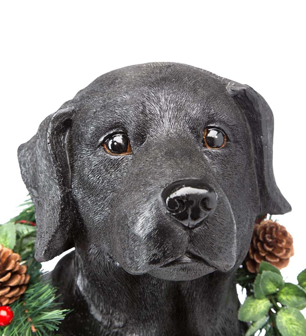 Plow & Hearth Deck & Patio Accents Outdoor Living Black Labrador Statue With Removable Lighted Holiday Wreath
