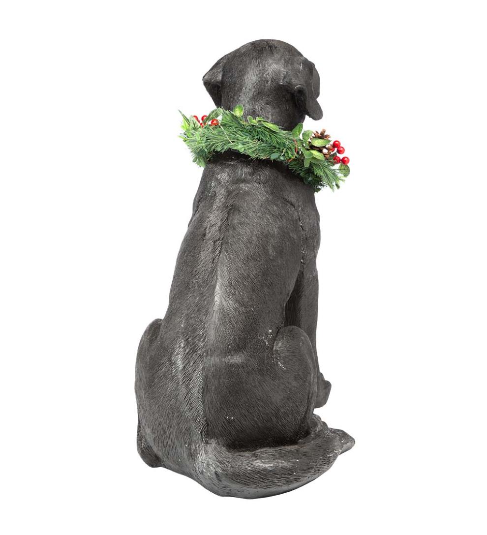 Plow & Hearth Deck & Patio Accents Outdoor Living Black Labrador Statue With Removable Lighted Holiday Wreath