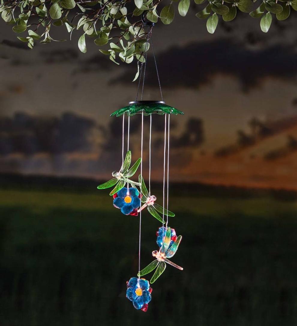 Plow & Hearth Deck & Patio Accents Outdoor Living Color Changing Solar Mobile With Dragonflies And Flowers